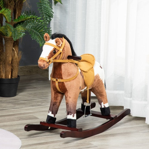 Kids Plush Ride-On Rocking Horse with Sounds – Dark Brown/White – Ages 3+, Soft Saddle, Lightweight Metal Frame