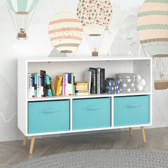 Kids' White & Blue 3-Drawer Bookshelf – MDF Storage Organizer with Foldable Fabric Bins