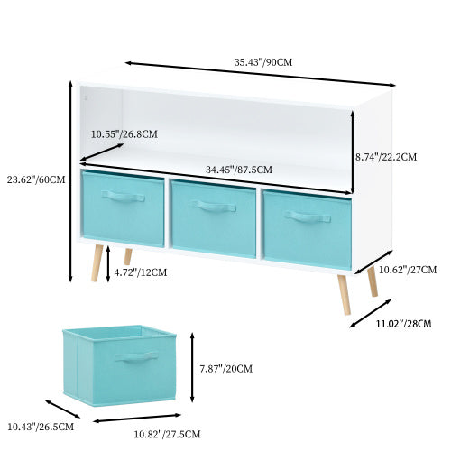 Kids' White & Blue 3-Drawer Bookshelf – MDF Storage Organizer with Foldable Fabric Bins