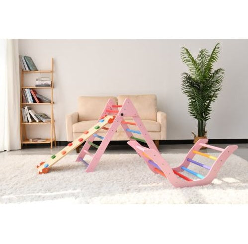 Foldable Pink Montessori Pikler Triangle Set – Indoor Wooden Climbing Toys for Toddlers