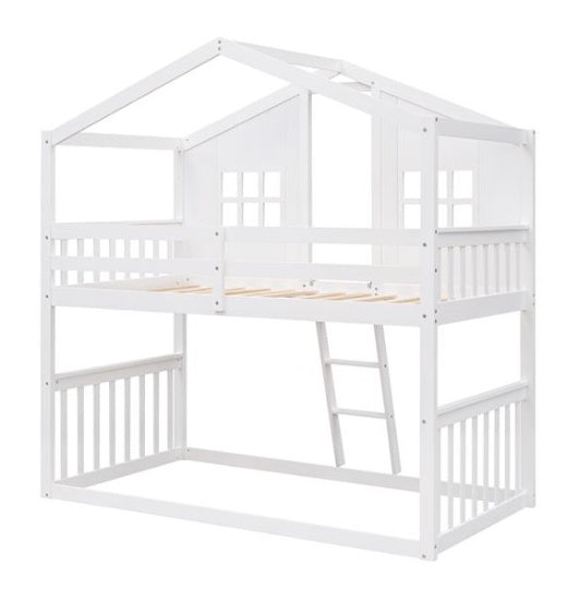 White Wooden Bunk House Bed with Ladder – Twin-Over-Twin Kids Playhouse Bed Frame