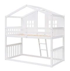White Wooden Bunk House Bed with Ladder – Twin-Over-Twin Kids Playhouse Bed Frame
