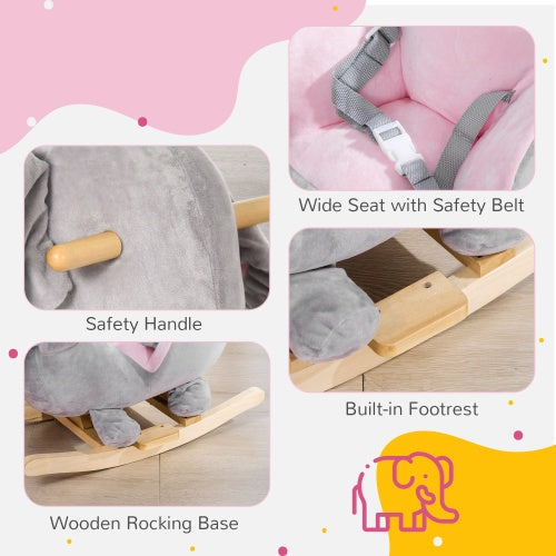 Baby Elephant Rocking Chair with Sound – Plush Toddler Rocker Toy, Safety Belt & Wooden Base – Ages 1.5–3 Years, Gray