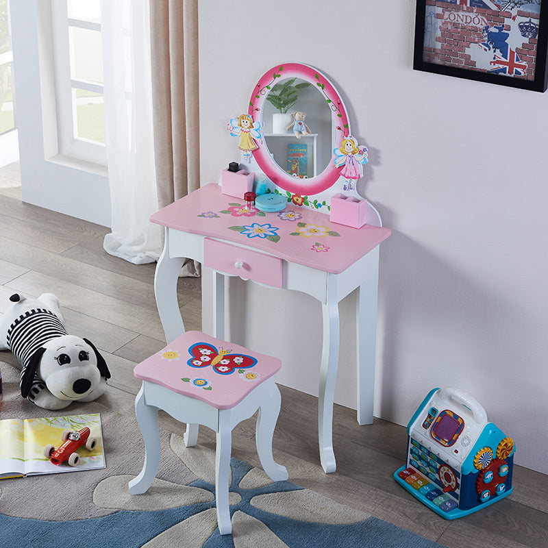 Pink Wooden Makeup Dresser with Mirror – Kids' Vanity Table Set for Girls | Solid Wood & MDF