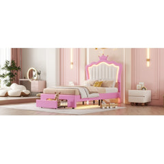Twin Princess Bed Frame with Crown Headboard, LED Lights & Drawer, Upholstered Platform Bed, Pink/White