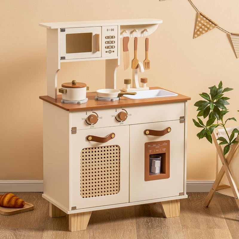 Wooden Play Kitchen with Working Ice Cube Dispenser, Microwave & Stove - Pretend Play Kitchen Set for Toddlers, Ages 3+, Multicolored