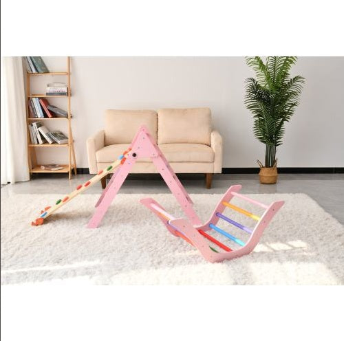 Foldable Pink Montessori Pikler Triangle Set – Indoor Wooden Climbing Toys for Toddlers