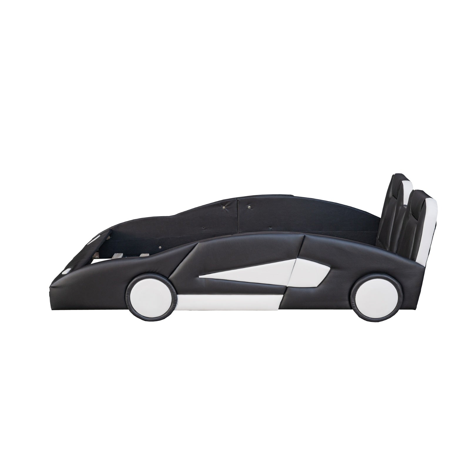 Twin Size Race Car Bed with Wheels – Black Wooden Platform Bed for Kids