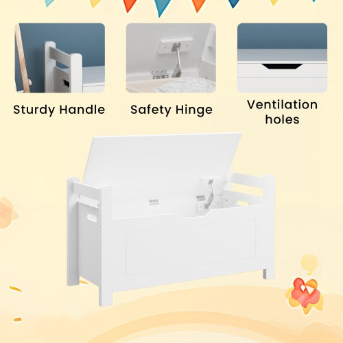 White Wooden Toy Box Chest with Flip-Top Lid and Safety Hinge – Large Kids Storage Organizer for Boys and Girls