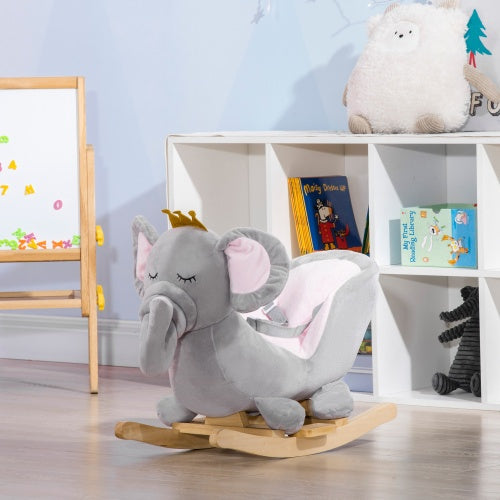 Baby Elephant Rocking Chair with Sound – Plush Toddler Rocker Toy, Safety Belt & Wooden Base – Ages 1.5–3 Years, Gray Grey