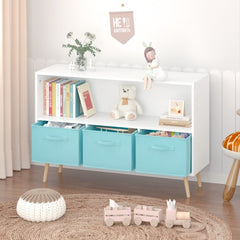 Kids' White & Blue 3-Drawer Bookshelf – MDF Storage Organizer with Foldable Fabric Bins
