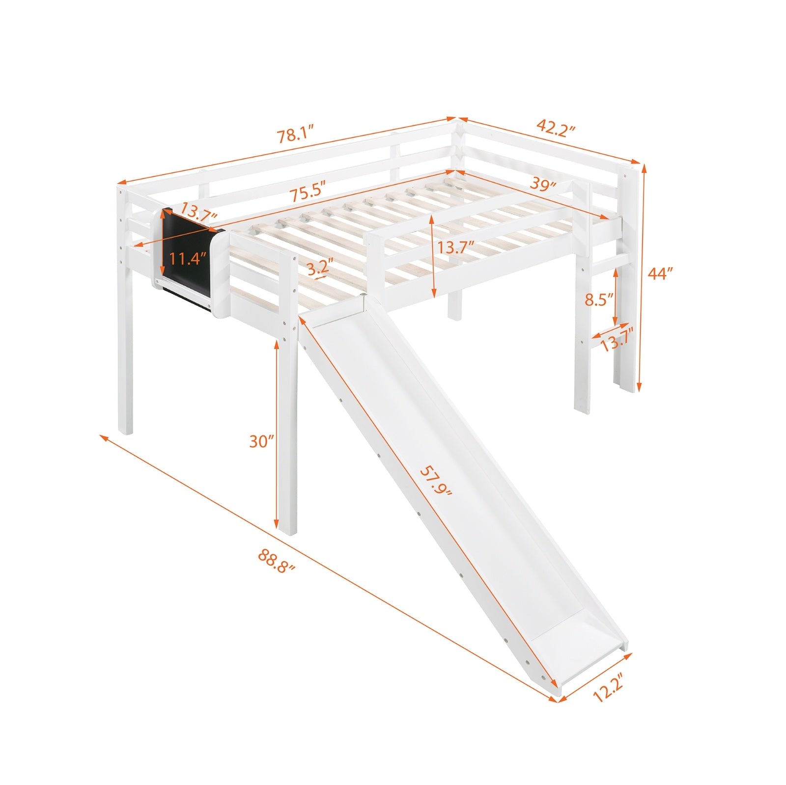 Twin Size Loft Bed with Slide, Staircase & Chalkboard – White Solid Wood Kids Bed