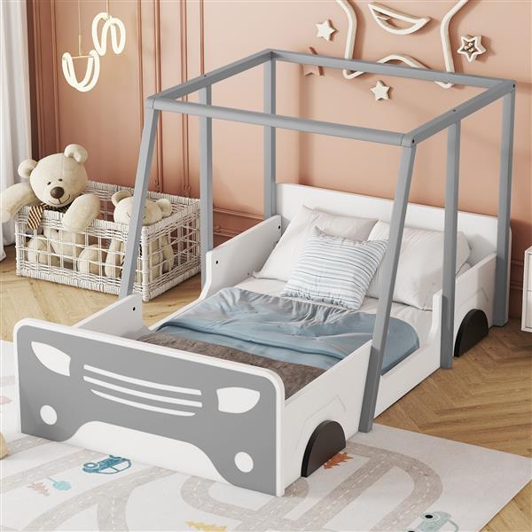Double Car Bed with Roof & Wheels, Wooden Kids Bed, Montessori Style, White/Grey Wooden bed