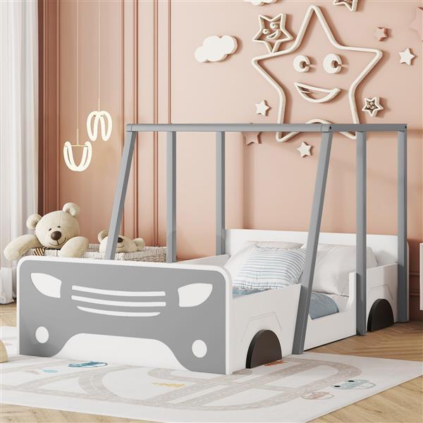 Double Car Bed with Roof & Wheels, Wooden Kids Bed, Montessori Style, White/Grey