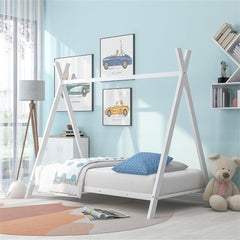 House Bed Tent Bed Frame – Double Size Metal Floor Playhouse for Kids, Boys & Girls – Sturdy Slats, No Box Spring Needed, Safe & Fun Design (White)