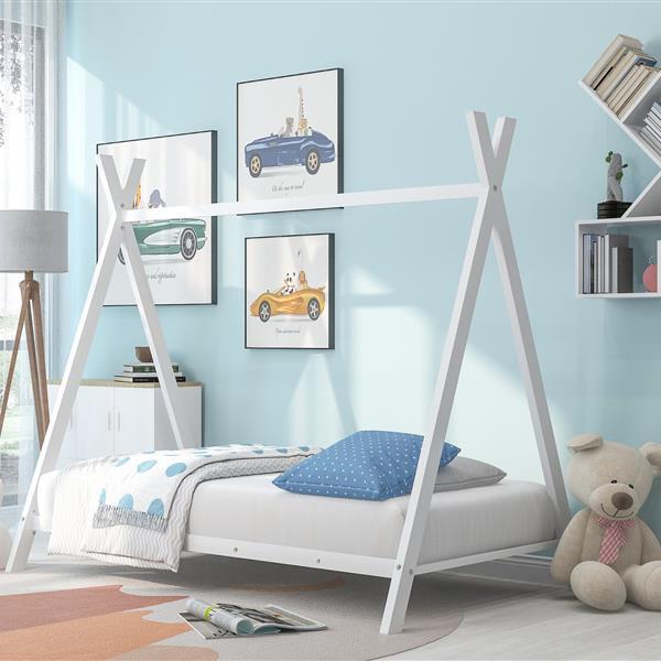 House Bed Tent Bed Frame – Double Size Metal Floor Playhouse for Kids, Boys & Girls – Sturdy Slats, No Box Spring Needed, Safe & Fun Design (White) White
