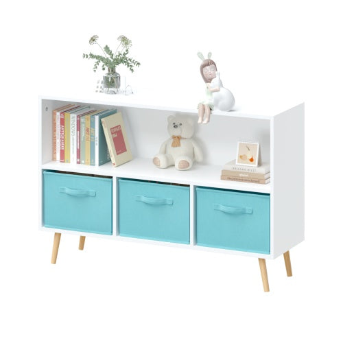 Kids' White & Blue 3-Drawer Bookshelf – MDF Storage Organizer with Foldable Fabric Bins