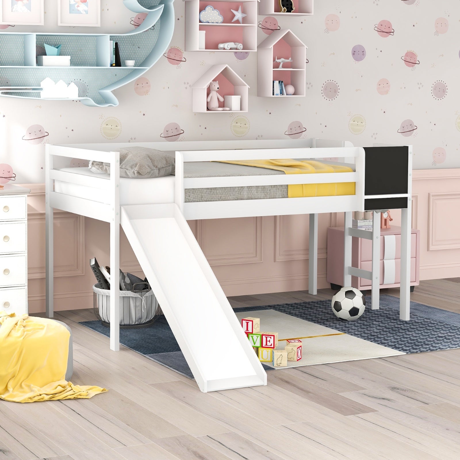 Twin Size Loft Bed with Slide, Staircase & Chalkboard – White Solid Wood Kids Bed