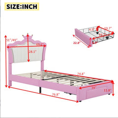 Twin Princess Bed Frame with Crown Headboard, LED Lights & Drawer, Upholstered Platform Bed, Pink/White