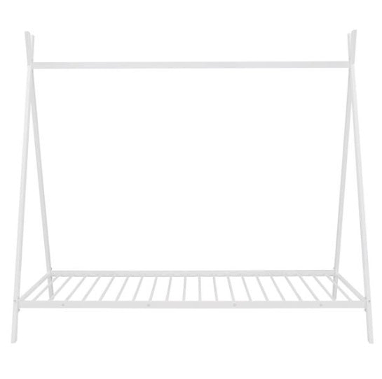 House Bed Tent Bed Frame – Double Size Metal Floor Playhouse for Kids, Boys & Girls – Sturdy Slats, No Box Spring Needed, Safe & Fun Design (White)