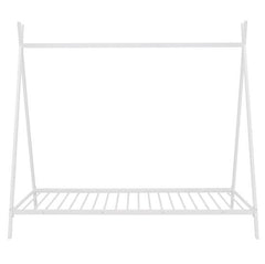 House Bed Tent Bed Frame – Double Size Metal Floor Playhouse for Kids, Boys & Girls – Sturdy Slats, No Box Spring Needed, Safe & Fun Design (White)