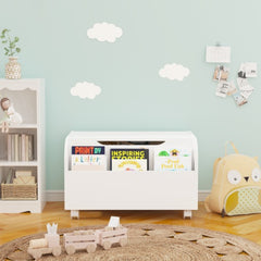 Wooden Toy Box with Wheels & Bookshelf – Kids' Storage Organizer with Flip-Top Lid & Safety Hinge