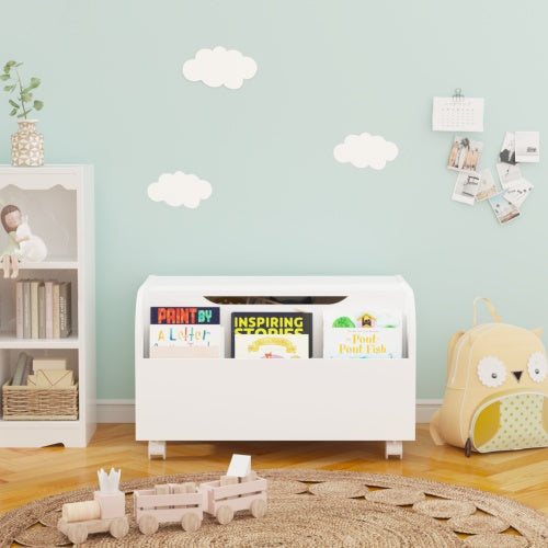Wooden Toy Box with Wheels & Bookshelf – Kids' Storage Organizer with Flip-Top Lid & Safety Hinge White