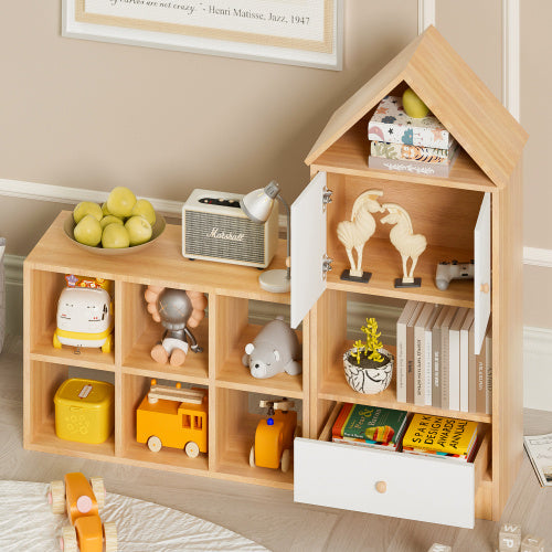 Versatile Children's Bookshelf with House-Shaped Design – Multi-Functional Storage Organizer for Books and Toys – Adjustable Placement, Durable MDF Construction Burly Wood