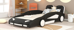 Twin Size Race Car Bed with Wheels – Black Wooden Platform Bed for Kids