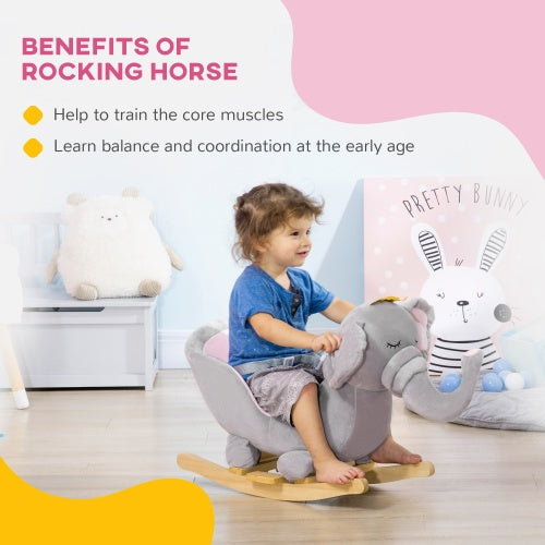 Baby Elephant Rocking Chair with Sound – Plush Toddler Rocker Toy, Safety Belt & Wooden Base – Ages 1.5–3 Years, Gray