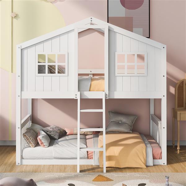 White Wooden Bunk House Bed with Ladder – Twin-Over-Twin Kids Playhouse Bed Frame