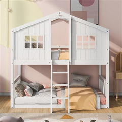 White Wooden Bunk House Bed with Ladder – Twin-Over-Twin Kids Playhouse Bed Frame