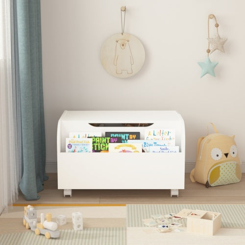 Wooden Toy Box with Wheels & Bookshelf – Kids' Storage Organizer with Flip-Top Lid & Safety Hinge