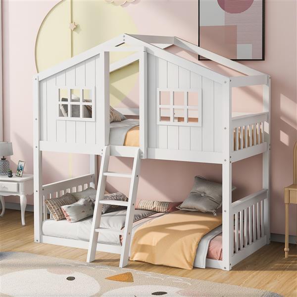 White Wooden Bunk House Bed with Ladder – Twin-Over-Twin Kids Playhouse Bed Frame