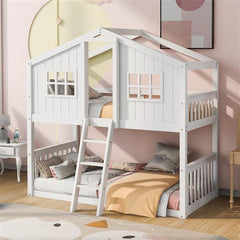 White Wooden Bunk House Bed with Ladder – Twin-Over-Twin Kids Playhouse Bed Frame White