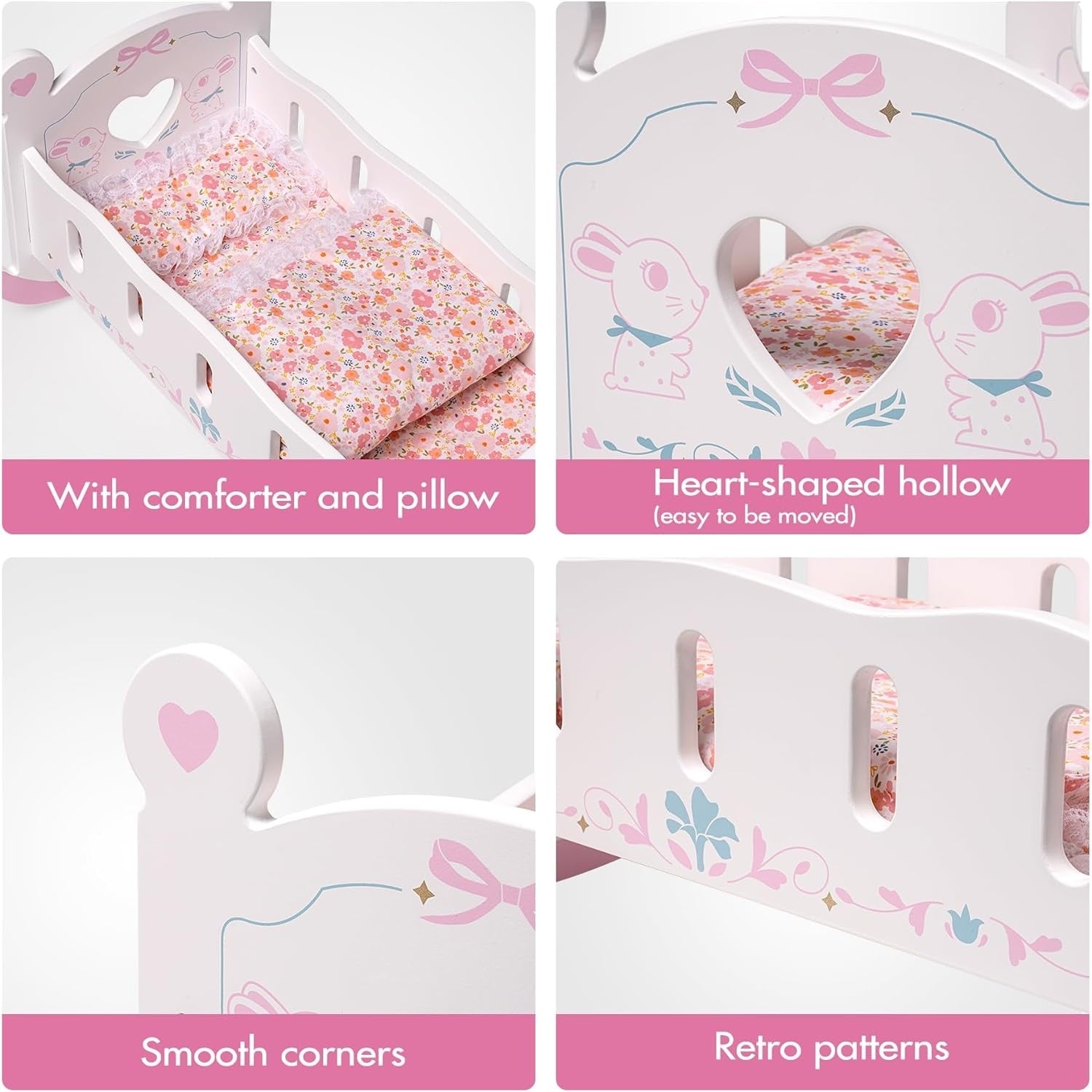 Doll Cradle Rocking Baby Doll Crib – Reversible Doll Bed for 18-inch Dolls, Fits Toddlers 1-3 Years, Pink