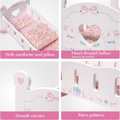 Doll Cradle Rocking Baby Doll Crib – Reversible Doll Bed for 18-inch Dolls, Fits Toddlers 1-3 Years, Pink