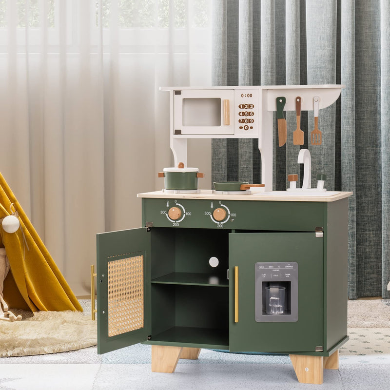 Green Wooden Kids Play Kitchen Set with Accessories – Pretend Chef Playset for Children