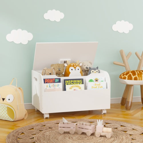 Wooden Toy Box with Wheels & Bookshelf – Kids' Storage Organizer with Flip-Top Lid & Safety Hinge