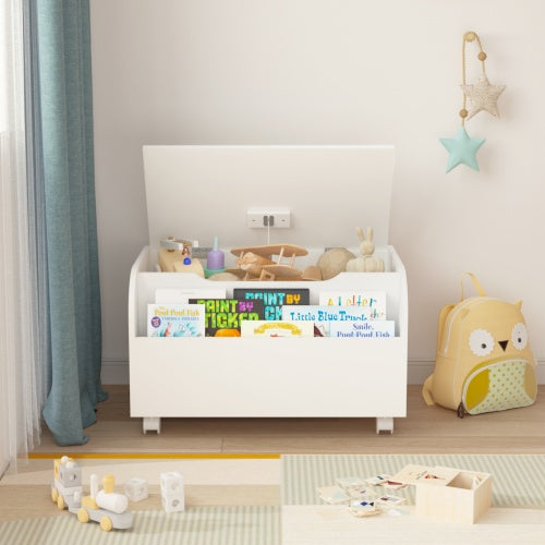 Wooden Toy Box with Wheels & Bookshelf – Kids' Storage Organizer with Flip-Top Lid & Safety Hinge
