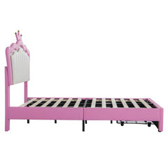 Twin Princess Bed Frame with Crown Headboard, LED Lights & Drawer, Upholstered Platform Bed, Pink/White