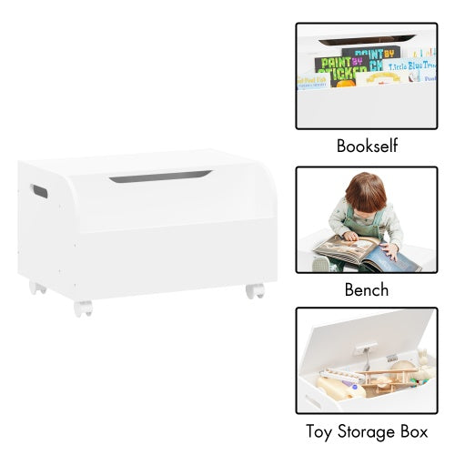 Wooden Toy Box with Wheels & Bookshelf – Kids' Storage Organizer with Flip-Top Lid & Safety Hinge