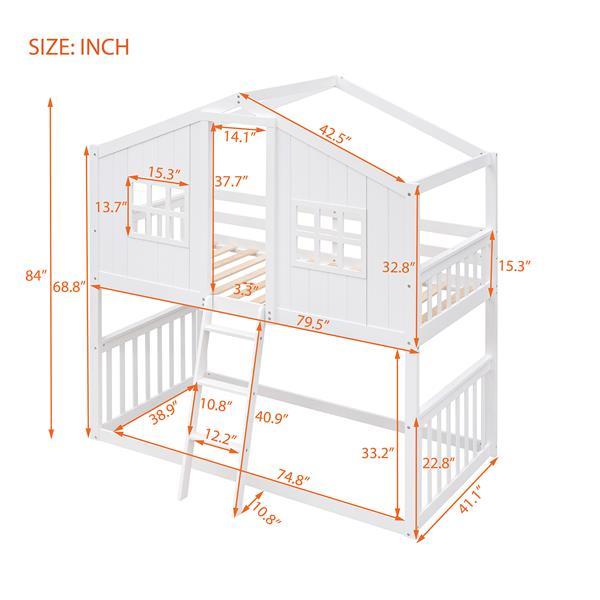 White Wooden Bunk House Bed with Ladder – Twin-Over-Twin Kids Playhouse Bed Frame