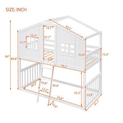 White Wooden Bunk House Bed with Ladder – Twin-Over-Twin Kids Playhouse Bed Frame