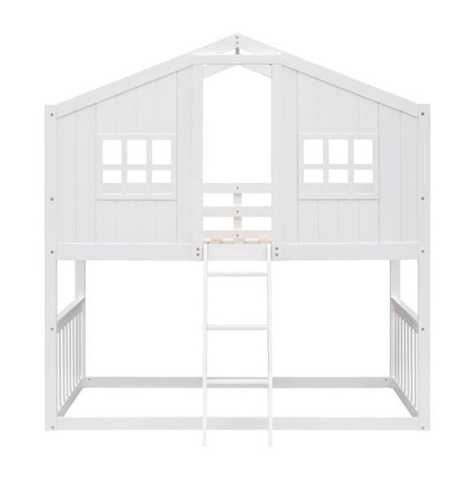 White Wooden Bunk House Bed with Ladder – Twin-Over-Twin Kids Playhouse Bed Frame