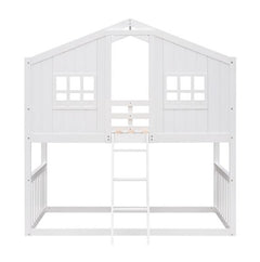White Wooden Bunk House Bed with Ladder – Twin-Over-Twin Kids Playhouse Bed Frame