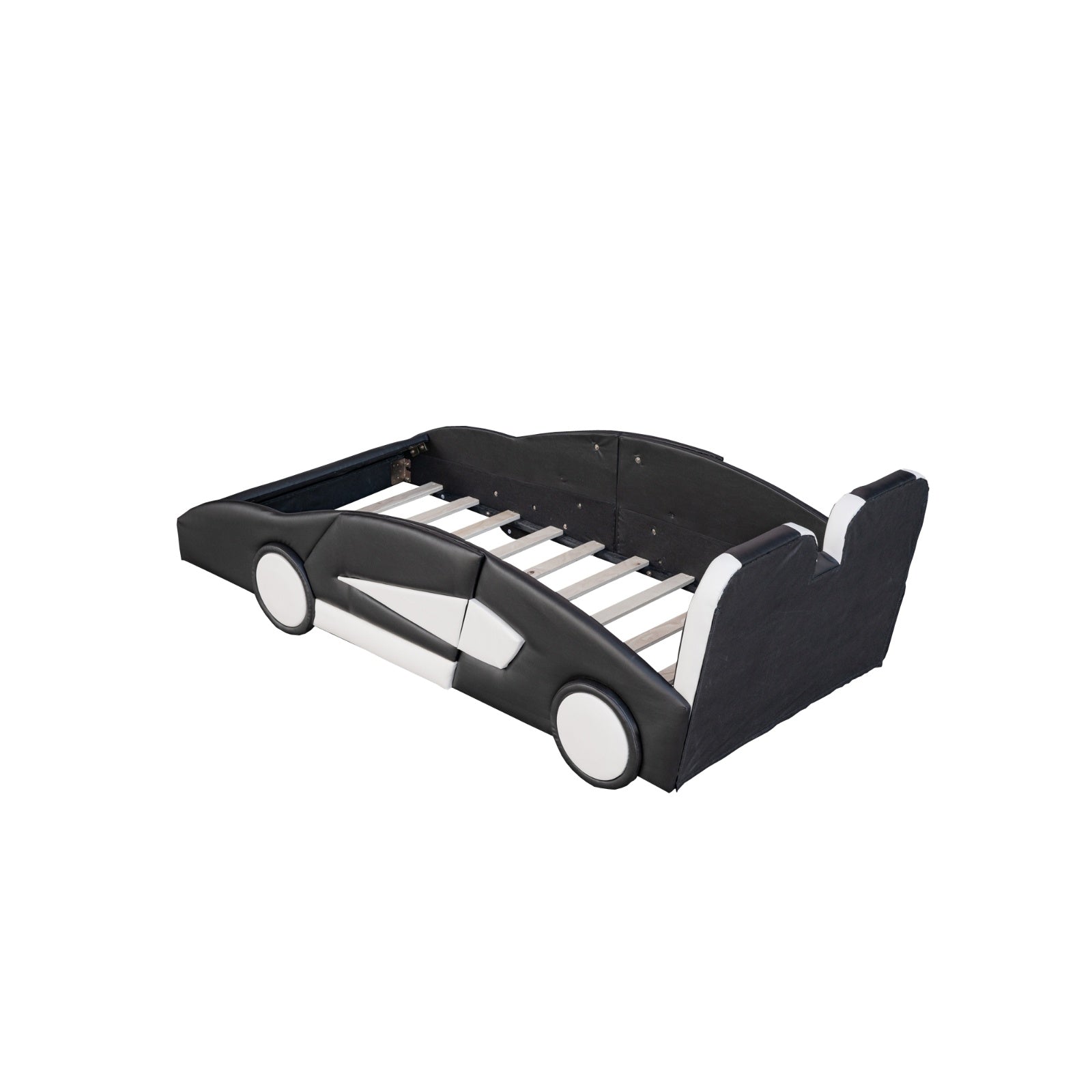 Twin Size Race Car Bed with Wheels – Black Wooden Platform Bed for Kids