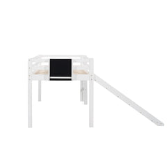 Twin Size Loft Bed with Slide, Staircase & Chalkboard – White Solid Wood Kids Bed