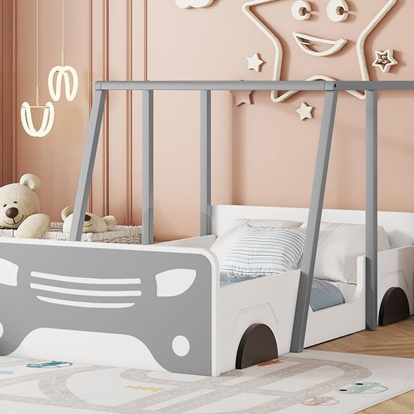 Double Car Bed with Roof & Wheels, Wooden Kids Bed, Montessori Style, White/Grey