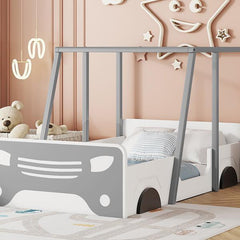 Double Car Bed with Roof & Wheels, Wooden Kids Bed, Montessori Style, White/Grey